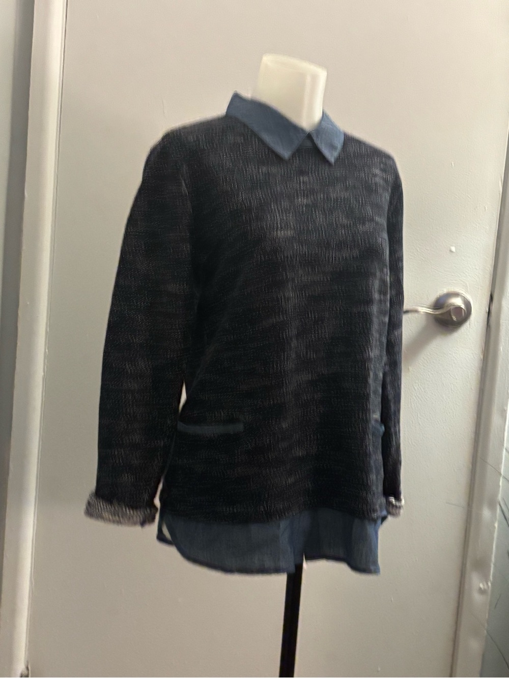 Ann Taylor Charcoal Marled Sweater with Blue Chambray Collar - Picture 3 of 13
